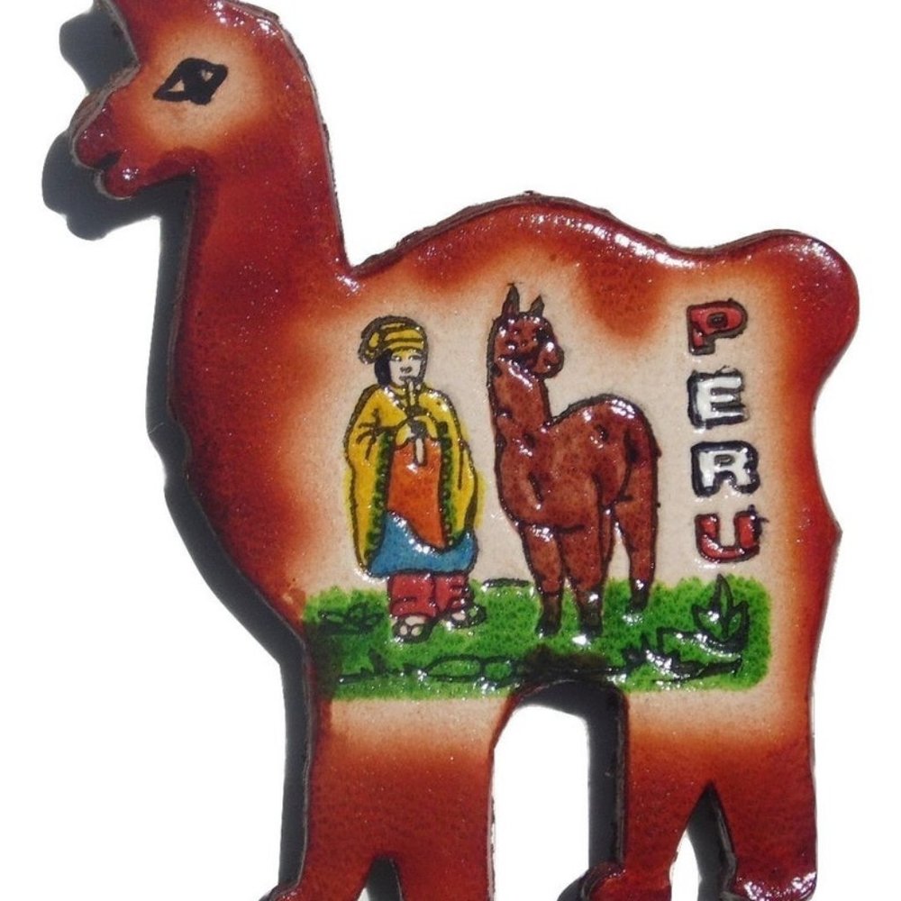 Cuzco Peru leather llama magnet  handpainted